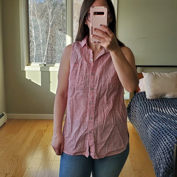 Faded Glory red and white striped button down collared tank top - Picture 1 of 5